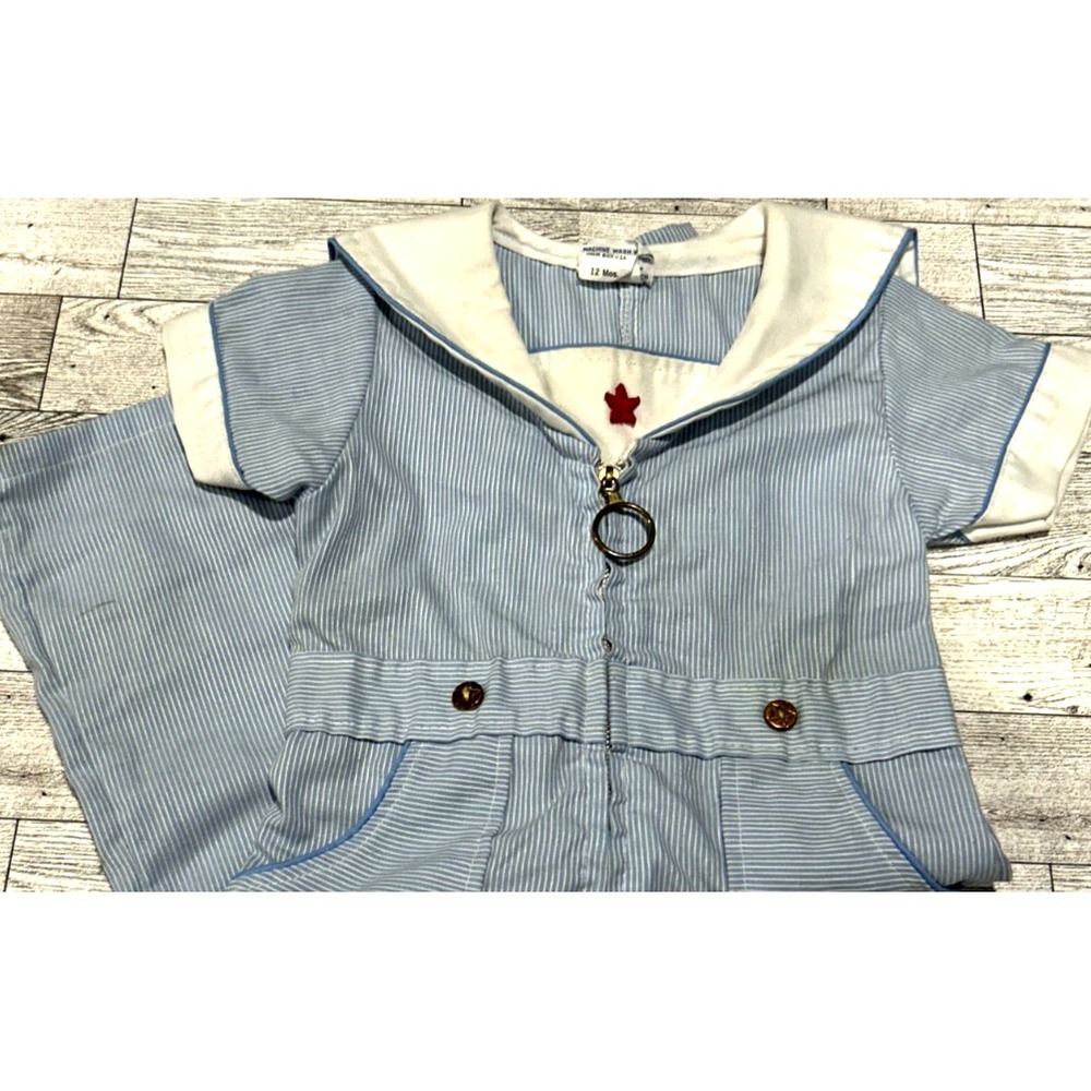 Vintage Chandler Baby Boy One Piece Outfit Sailor Blue‎ White Stripes 12 months